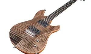 Gitara elektryczna z drewnianym korpusem i podstrunnicą na białym tle.