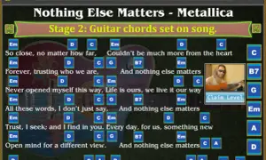 Gra "Nothing Else Matters - Metallica" z akordami na gitarze. Etap 2: akordy ustawione na piosenkę.