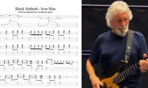 Nuty i tabulatura do "Iron Man" Black Sabbath z basistą grającym na gitarze basowej.