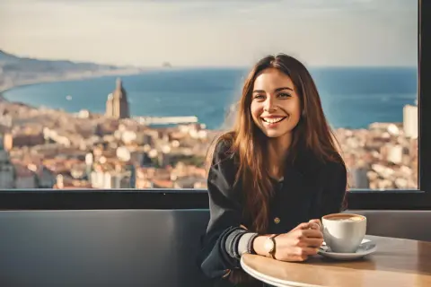 Uśmiechnięta dziewczyna z kawą, jak z hiszpańskie dziewczyny tekst, podziwia panoramę miasta i morza.
