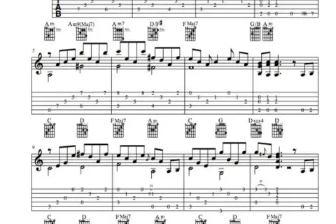 Tabulatura gitarowa do "Stairway to Heaven" z akordami i nutami.