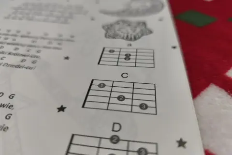 Akordy do nauki piosenki "Pójdźmy wszyscy do stajenki" na gitarze: A, C, D.