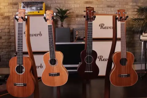 Cztery ukulele na stojaku. Zastanawiasz się, jak wybrać ukulele? Oto kilka opcji.