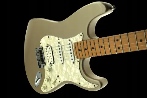 Złota elektryczna gitara, jakby wybiegły z niej dźwięki, gotowa do rockowych popisów.