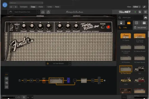 Wybór wzmacniacza '65 Twin Reverb w aplikacji Amplitube. Widać też ścieżkę sygnału z efektami.
