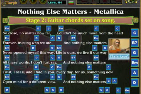 Gra "Nothing Else Matters - Metallica" z akordami na gitarze. Etap 2: akordy ustawione na piosenkę.