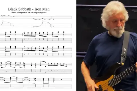 Nuty i tabulatura do "Iron Man" Black Sabbath z basistą grającym na gitarze basowej.