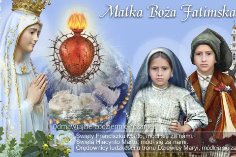 Matka Boża Fatimska z koroną i szkaplerzem, obok dzieci: Franciszka, Hiacynty i Łucji. W tle Ziemia i gorejące Serce.