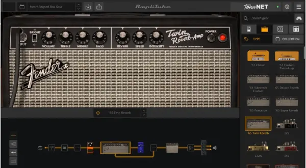 Wybór wzmacniacza '65 Twin Reverb w aplikacji Amplitube. Widać też ścieżkę sygnału z efektami.