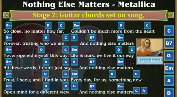Gra "Nothing Else Matters - Metallica" z akordami na gitarze. Etap 2: akordy ustawione na piosenkę.