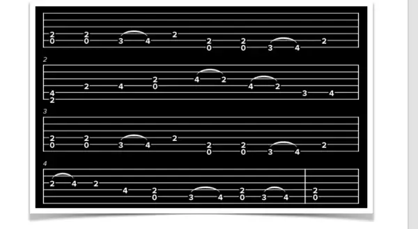 Tabulatura gitarowa z sekwencjami nut, jakby to były chwyty wehikułu czasu.