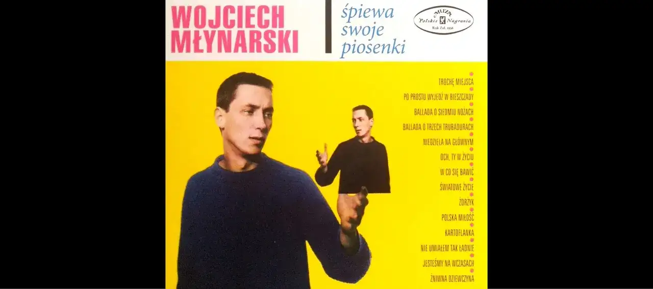 Wojciech Młynarski śpiewa swoje piosenki. Na okładce płyty "Jesteśmy na wczasach" artysta w niebieskim swetrze na żółtym tle.