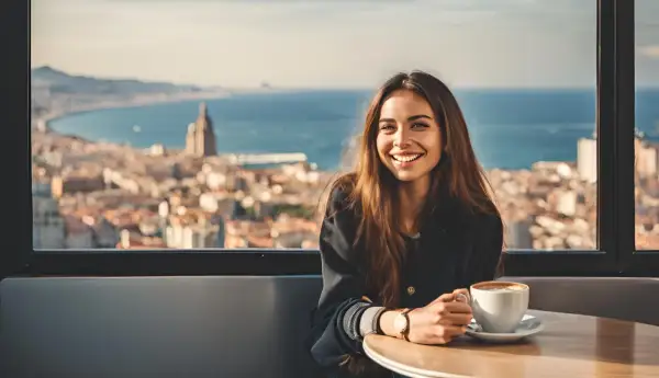 Uśmiechnięta dziewczyna z kawą, jak z hiszpańskie dziewczyny tekst, podziwia panoramę miasta i morza.