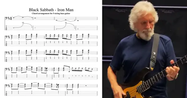 Nuty i tabulatura do "Iron Man" Black Sabbath z basistą grającym na gitarze basowej.