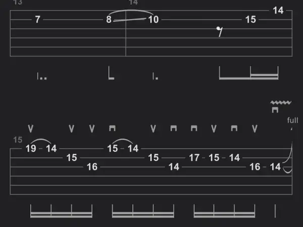 Fragment tabulatury gitarowej z nutami i oznaczeniami, w tym "fade to black tab".