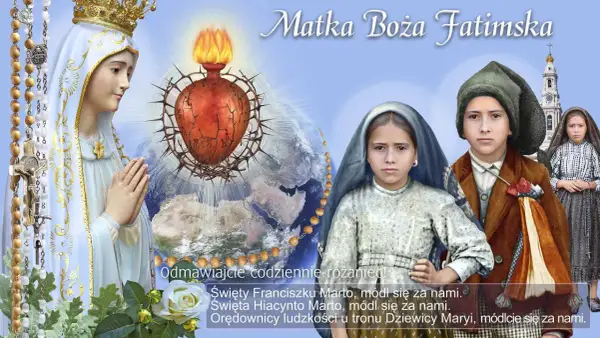 Matka Boża Fatimska z koroną i szkaplerzem, obok dzieci: Franciszka, Hiacynty i Łucji. W tle Ziemia i gorejące Serce.