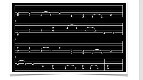 Tabulatura gitarowa z sekwencjami nut, jakby to były chwyty wehikułu czasu.